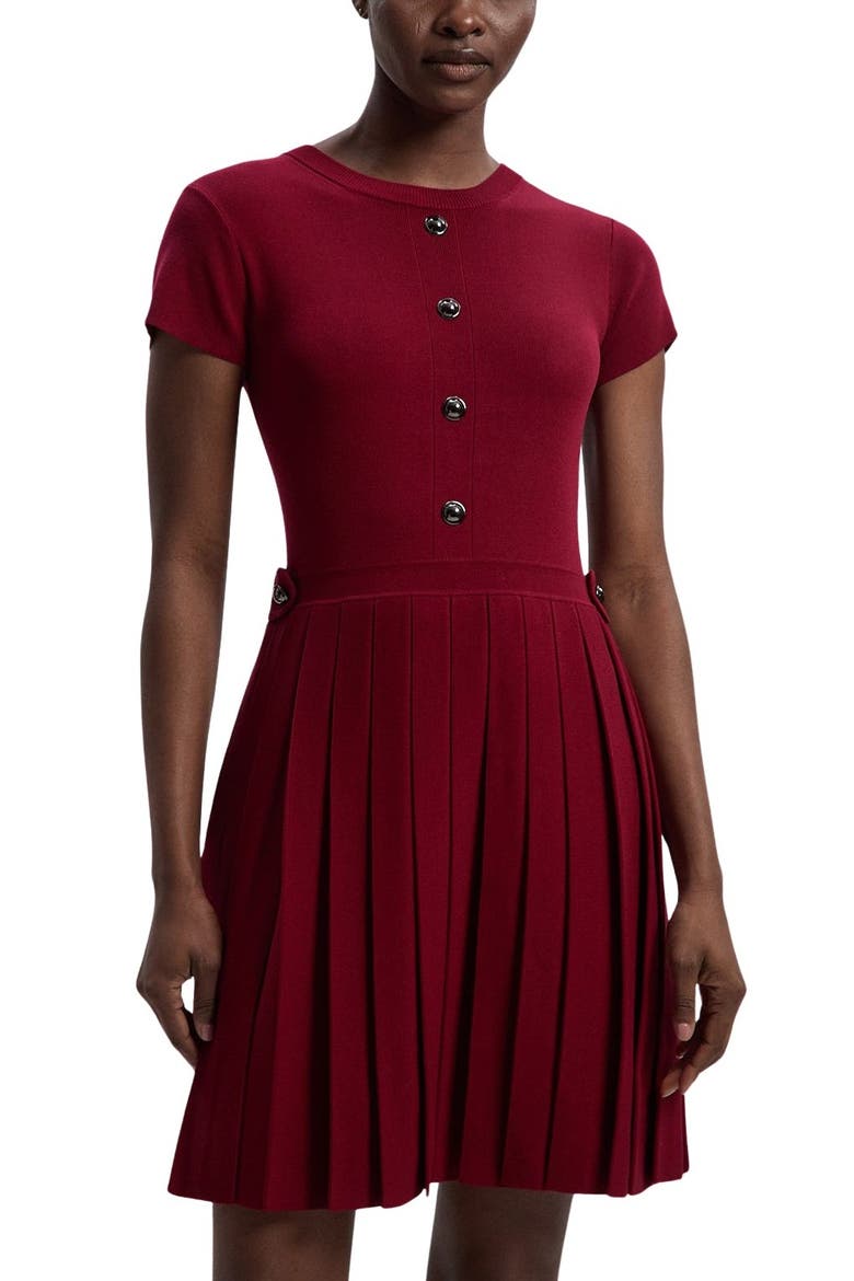 Viscose Tab Pleated Knit Mini Dress, Alternate, color, Burgundy