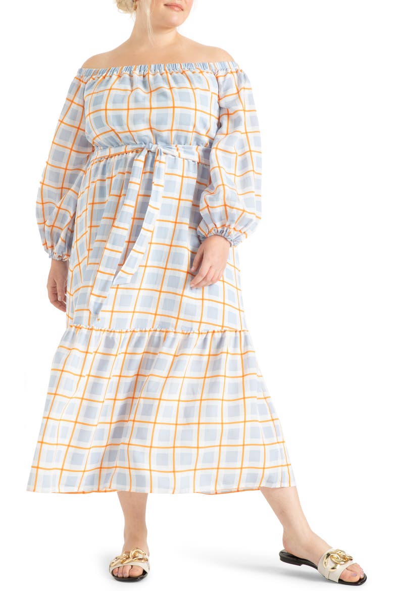 Check Print Off the Shoulder Long Sleeve Maxi Dress, Main, color, CHECKS AND BALANCES