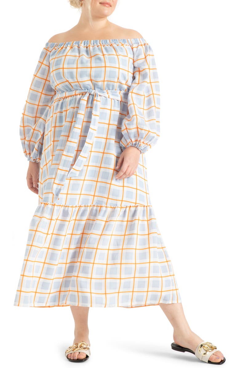 ELOQUII Check Print Off the Shoulder Long Sleeve Maxi Dress, Main, color, 