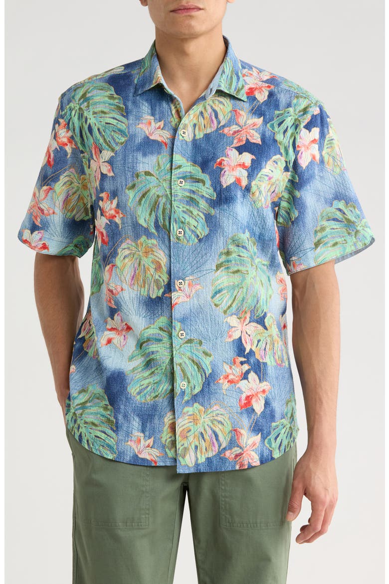 Nova Wave Mira Jungle Floral Short Sleeve Seersucker Button-Up Shirt, Main, color, BERING BLUE