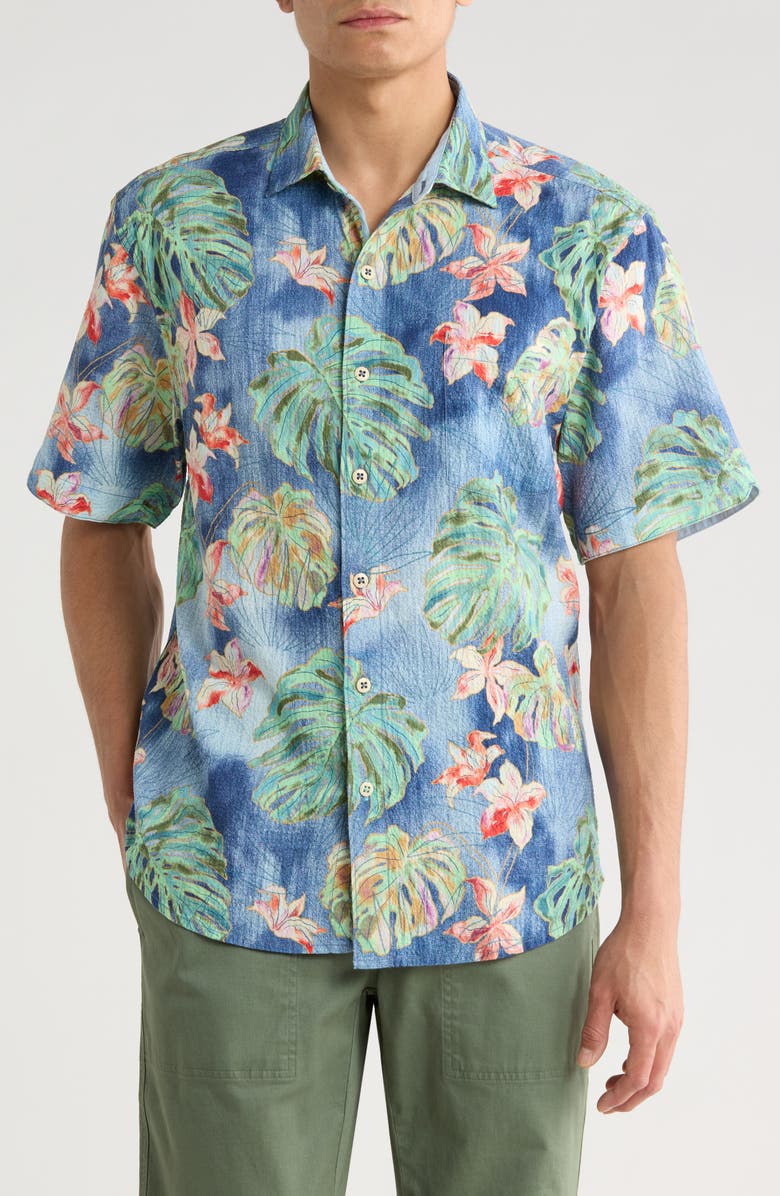 Tommy Bahama Nova Wave Mira Jungle Floral Short Sleeve Seersucker Button-Up Shirt, Main, color, Bering Blue