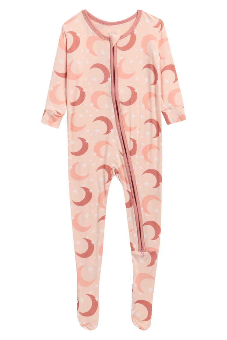Pink Sky Moon & Stars Stretch Viscose Zip Footie, Main, color, PEACH BLOSSOM MOON