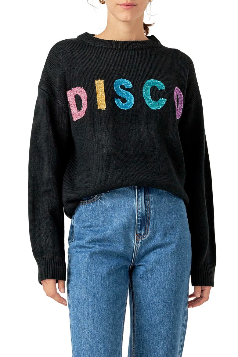 Disco Appliqué Graphic Crewneck Sweater, Main, color, BLACK