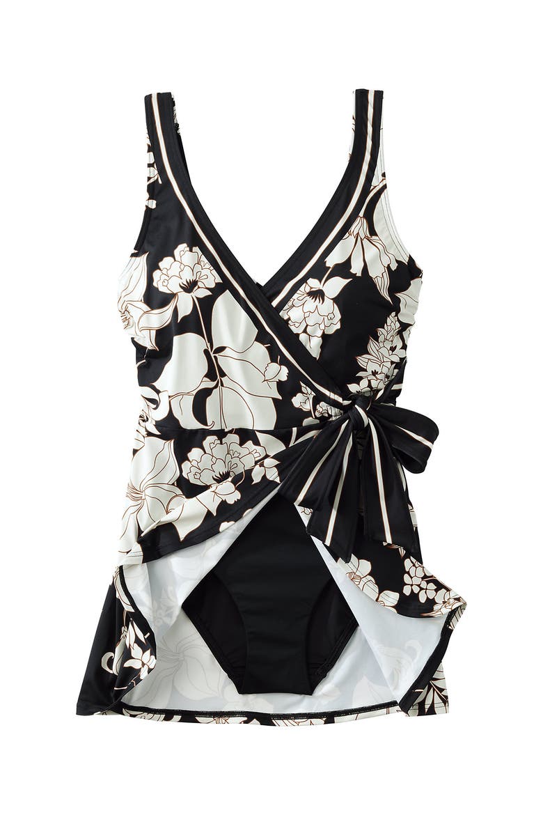 Side Tie Mini Swim Dress Swimsuit, Alternate, color, Black/Egret Lilies Border