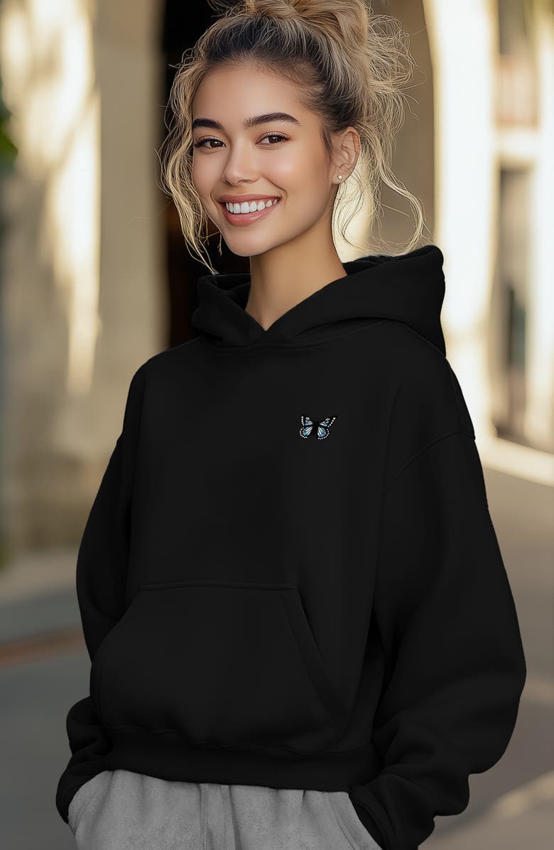 Dalix Womens Butterfly Midweight Fleece Relaxed Hooded Sweatshirt, Alternate, color, Black