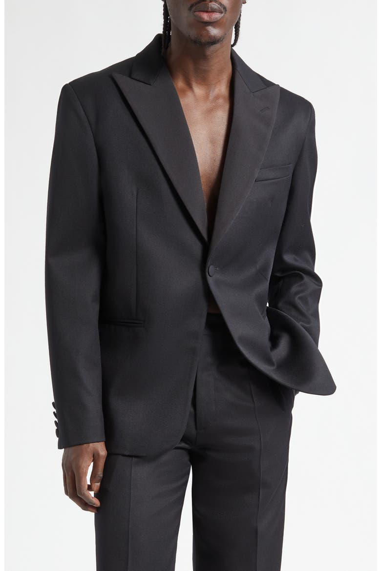 Peak Lapel Black Wool Tuxedo Jacket, Main, color, BLACK