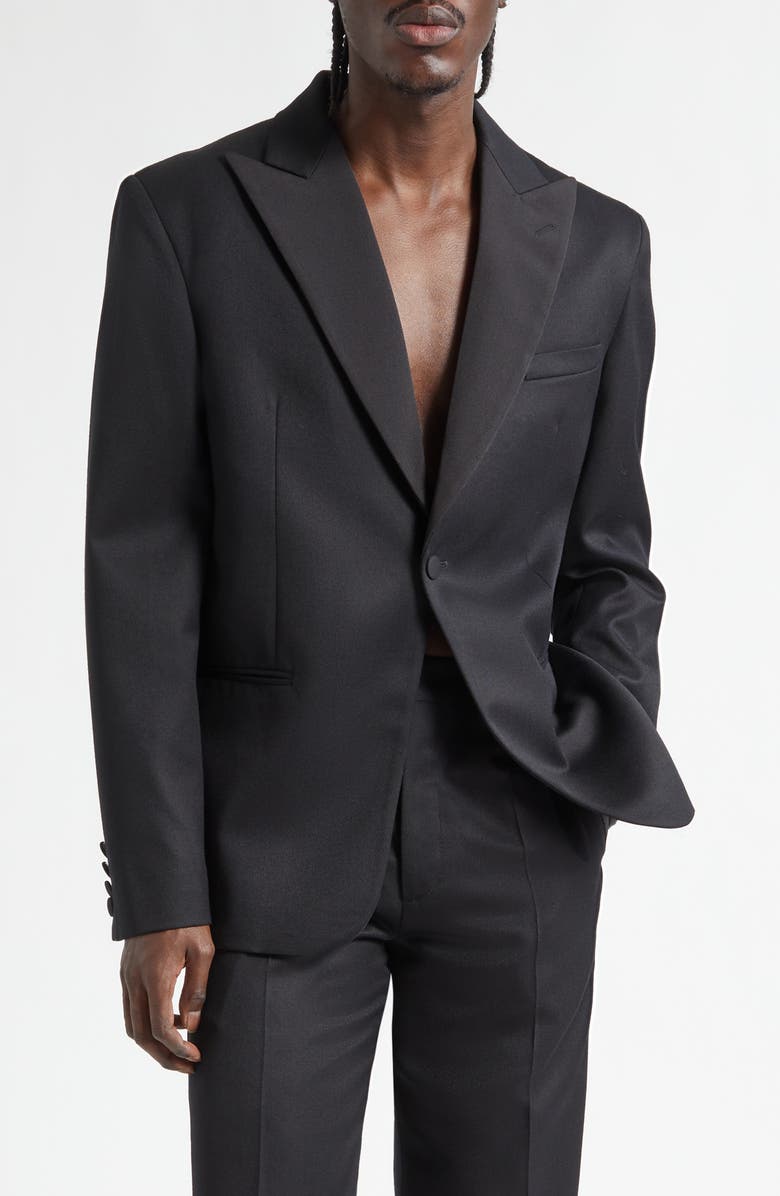 JW Anderson Peak Lapel Black Wool Tuxedo Jacket, Main, color, Black