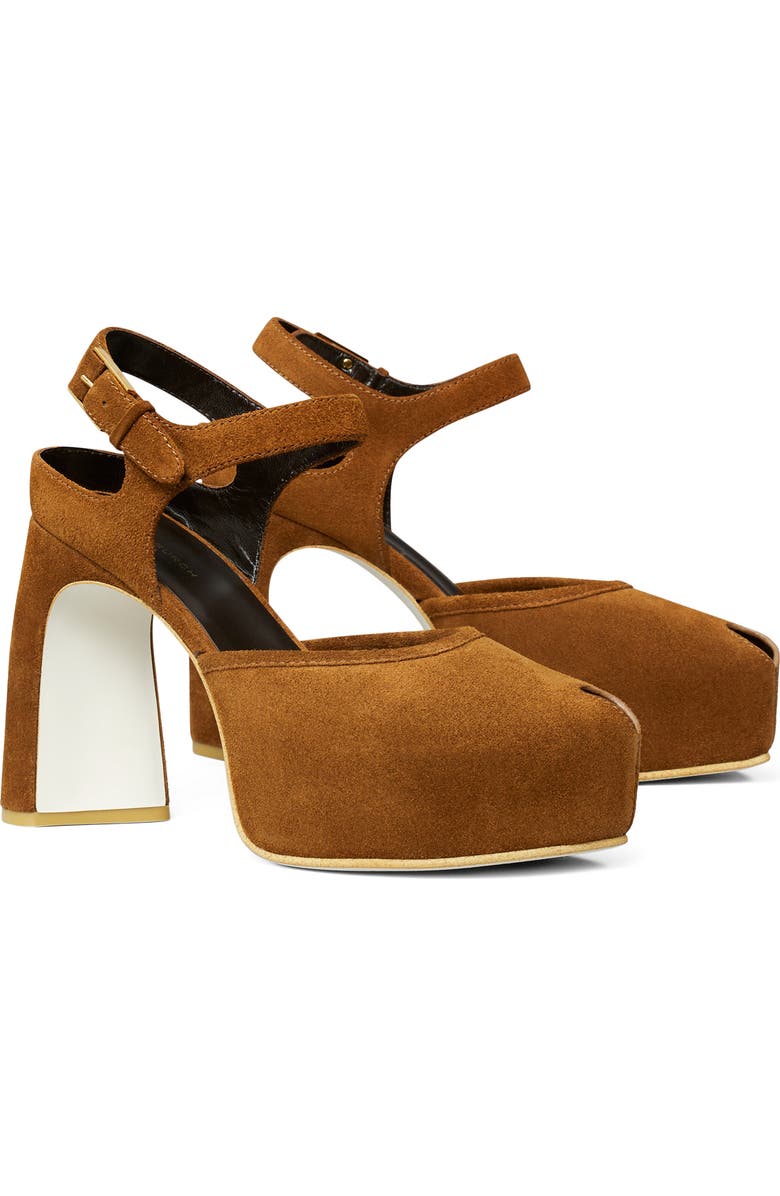 Tory Burch Ankle Strap Peep Toe Platform Pump, Main, color, Cognac Brown