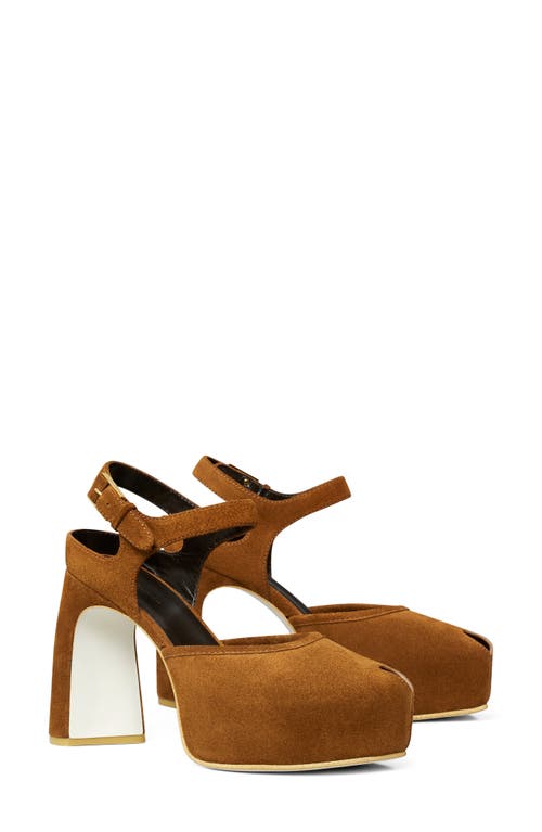 Tory Burch Ankle Strap Peep Toe Platform Pump In Brown