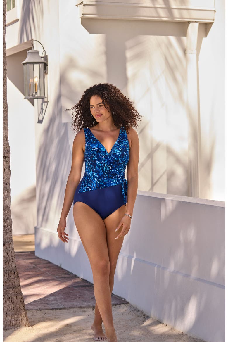 Ruffle Front Sash Surplice Long Torso One-Piece Swimsuit, Alternate, color, Sweet Siren