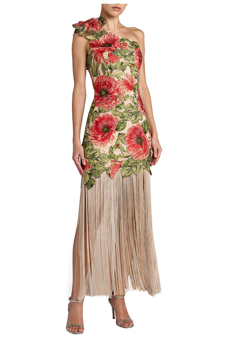 Mac Duggal Embroidered One Shoulder Dress With Fringe Hem, Main, color, Nude Multi