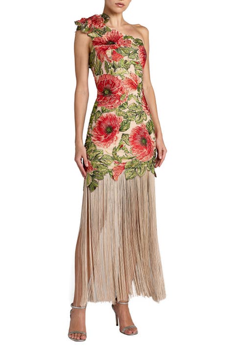 Embroidered One Shoulder Dress With Fringe Hem