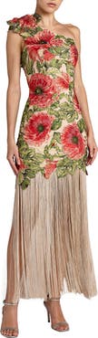 Mac Duggal Embroidered One Shoulder Dress With Fringe Hem