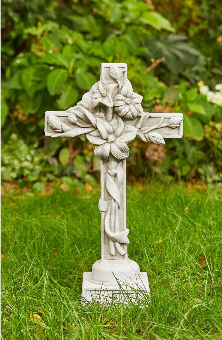 Glitzhome 13.75"H MGO Holy Christian Cross with Lily Garden Statue, Alternate, color, White
