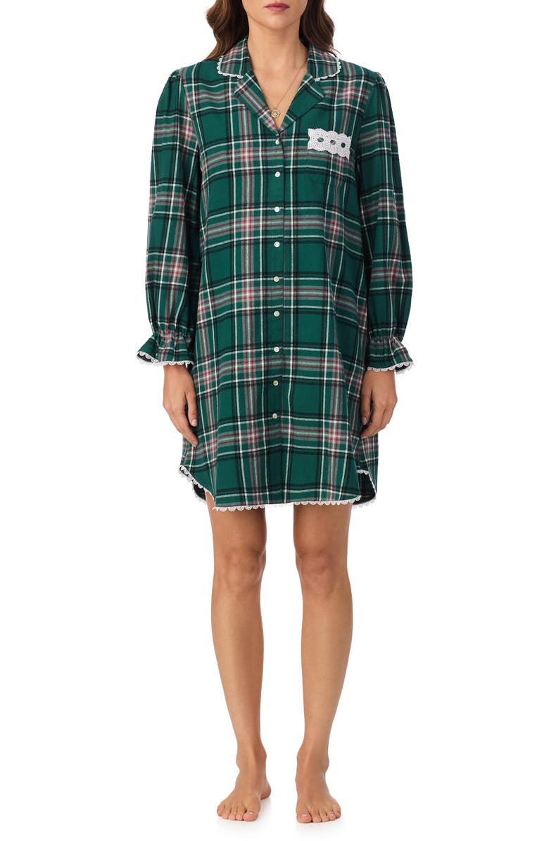 Eileen West Plaid Flannel Nightshirt, Main, color, Green Plaid
