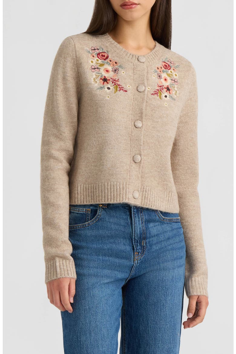Embroidered Crewneck Cardigan, Main, color, TAUPE MIX