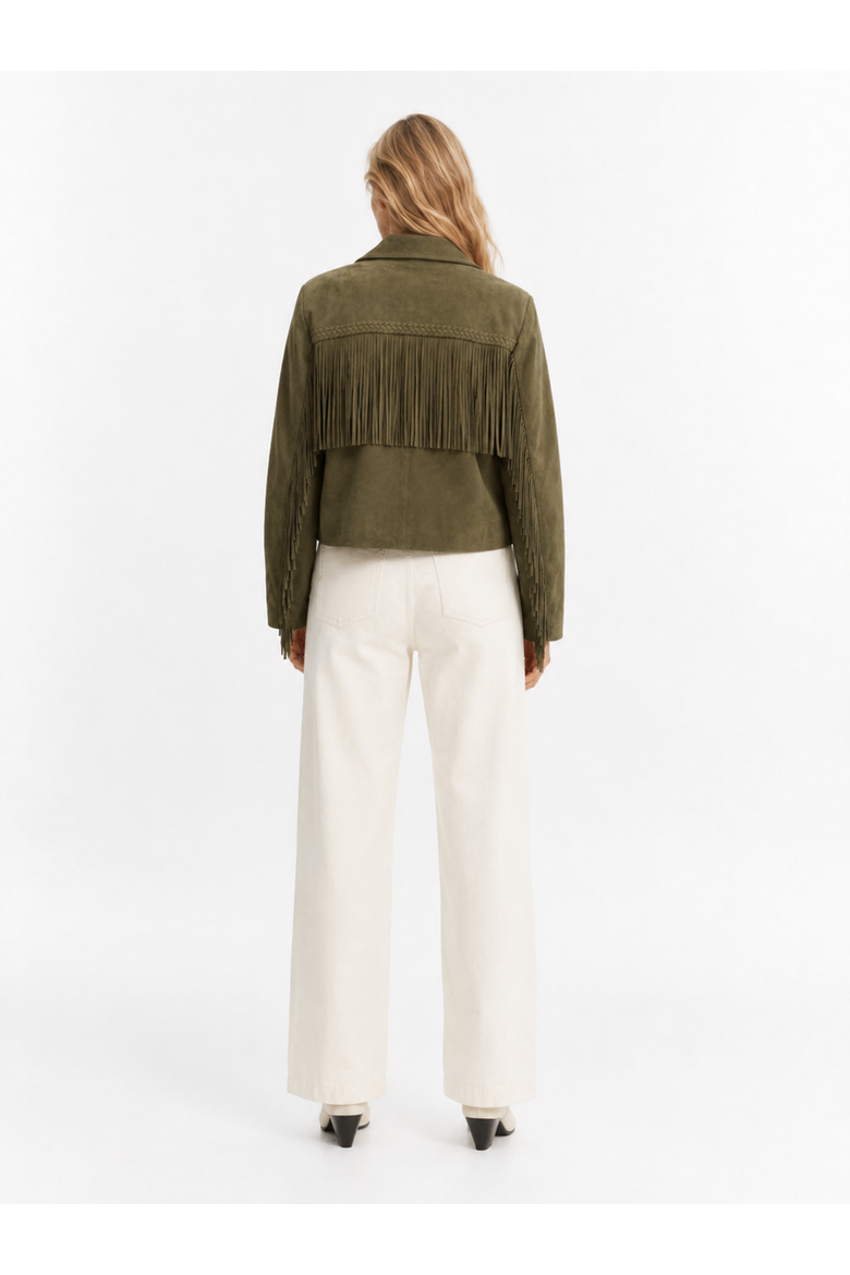 Allegra Fringe Suede Leather Jacket, Alternate, color, Green