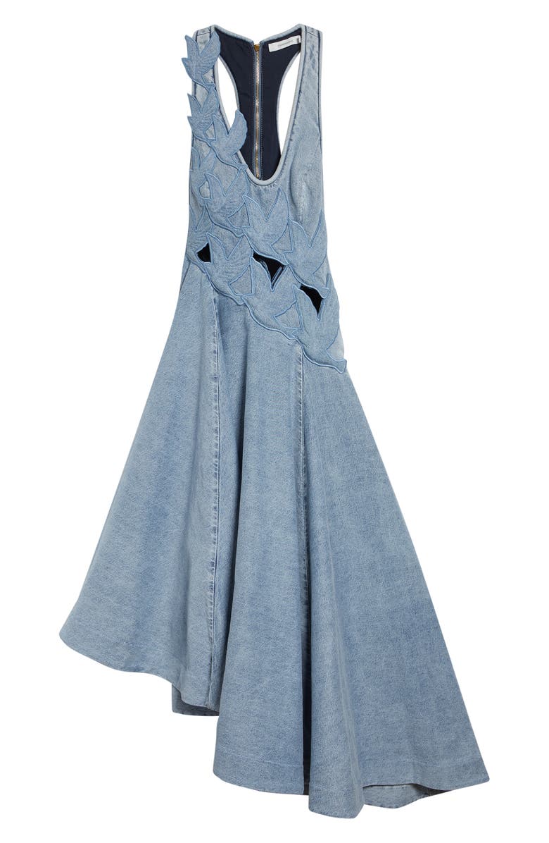 Zimmermann Alchemy Cutout Appliqué Asymmetric Denim Dress, Main, color, Sea Foam
