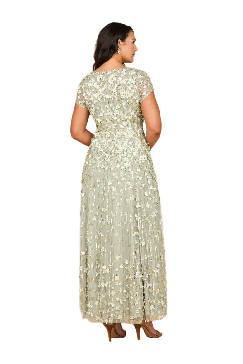 3D Floral Embellished Cap Sleeve Gown, Alternate, color, Sage Green