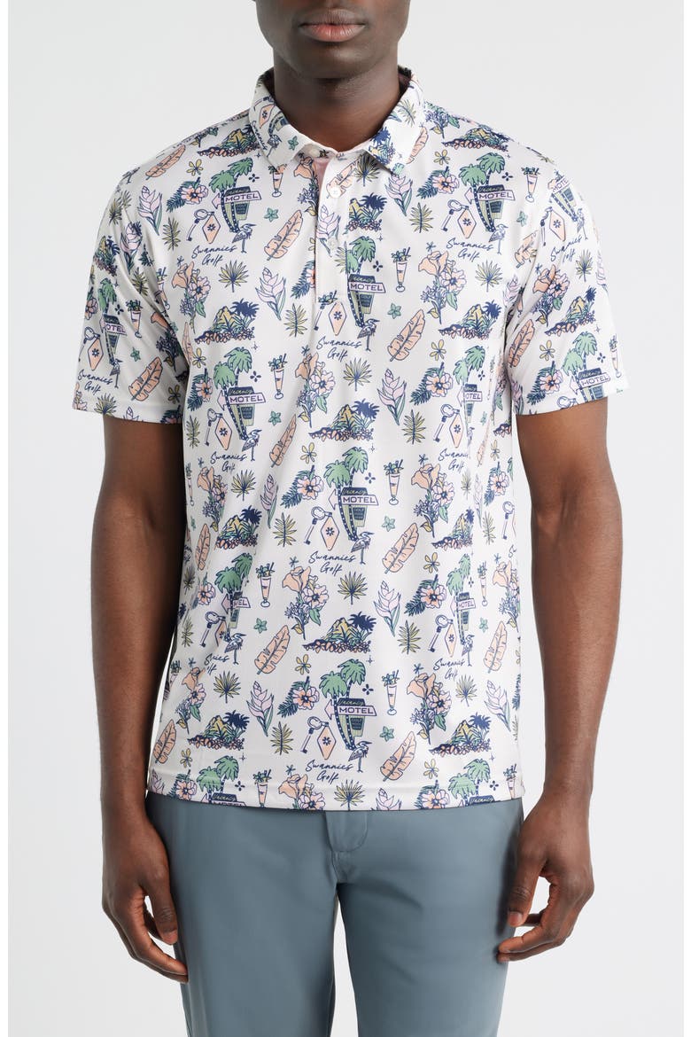 Oasis Tropical Icons Print Performance Golf Polo, Main, color, VINTAGE WHITE