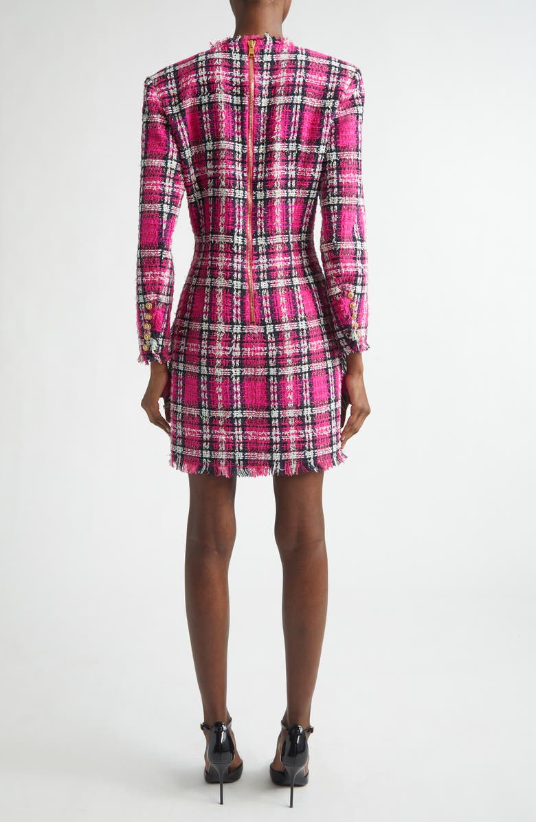 Balmain Long Sleeve Fringe Tweed Dress, Alternate, color, Pink Multi