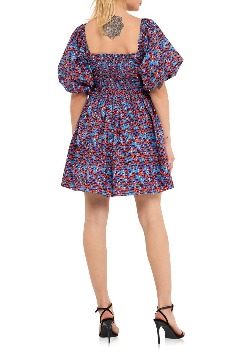 Floral Print Ruched Puff Sleeve Cotton Poplin Babydoll Dress, Alternate, color, BLUE/PURPLE