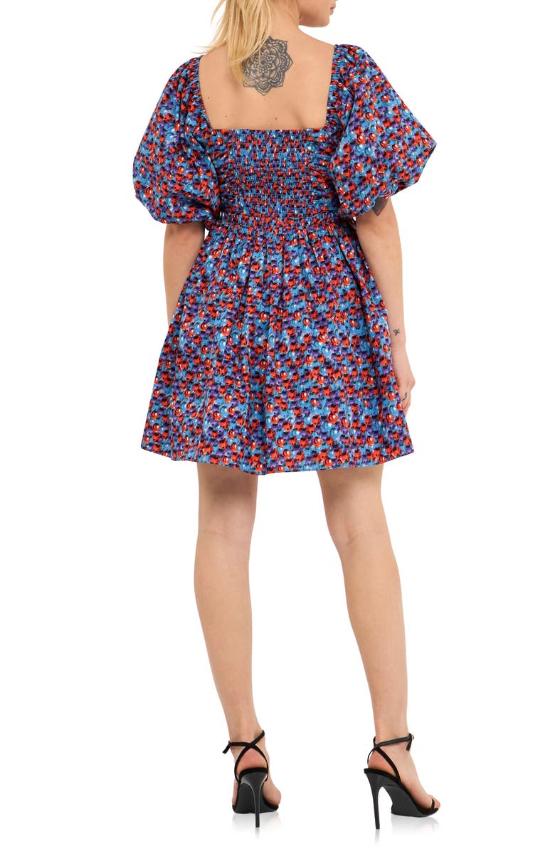 Endless Rose Floral Print Ruched Puff Sleeve Cotton Poplin Babydoll Dress, Alternate, color, Blue/Purple