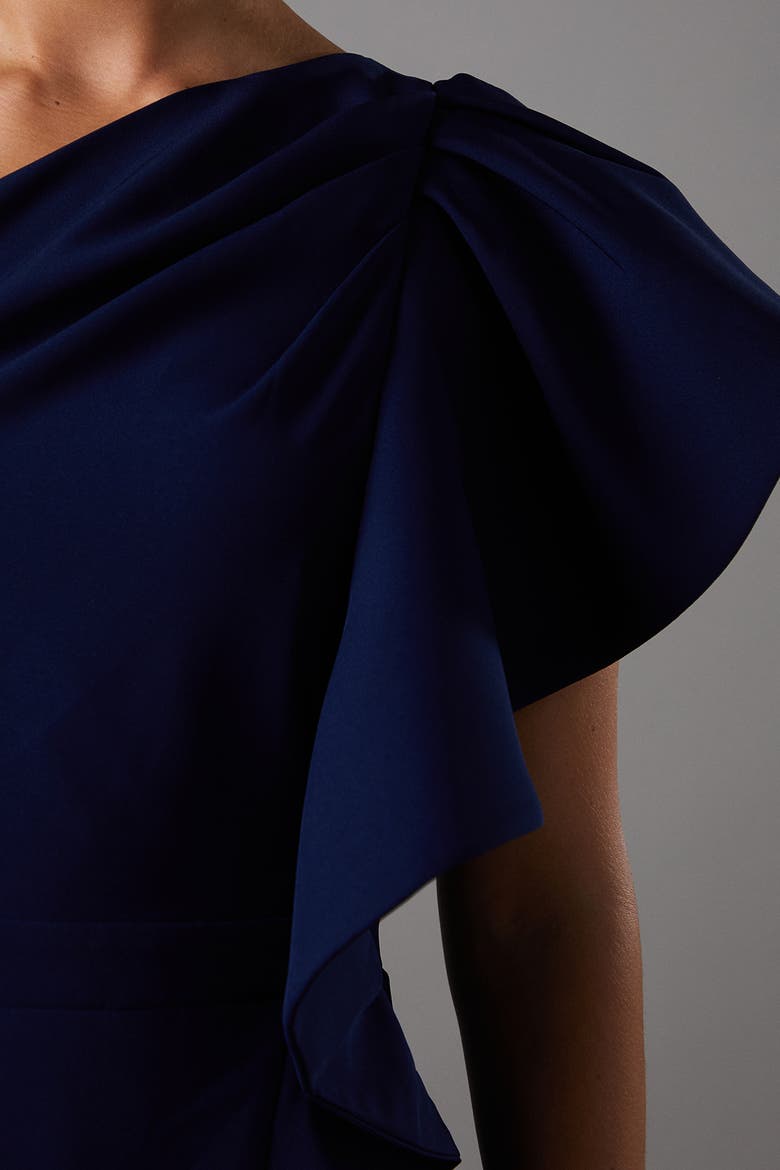 One Shoulder Crepe Ruffle Midi Dress, Alternate, color, Navy