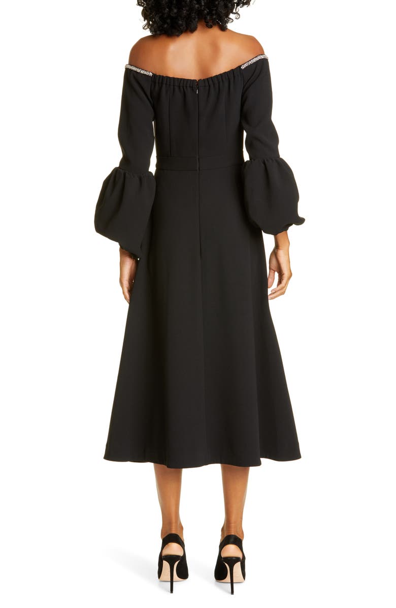 Self-Portrait Crystal Trim Off the Shoulder Long Sleeve Midi Dress, Alternate, color,