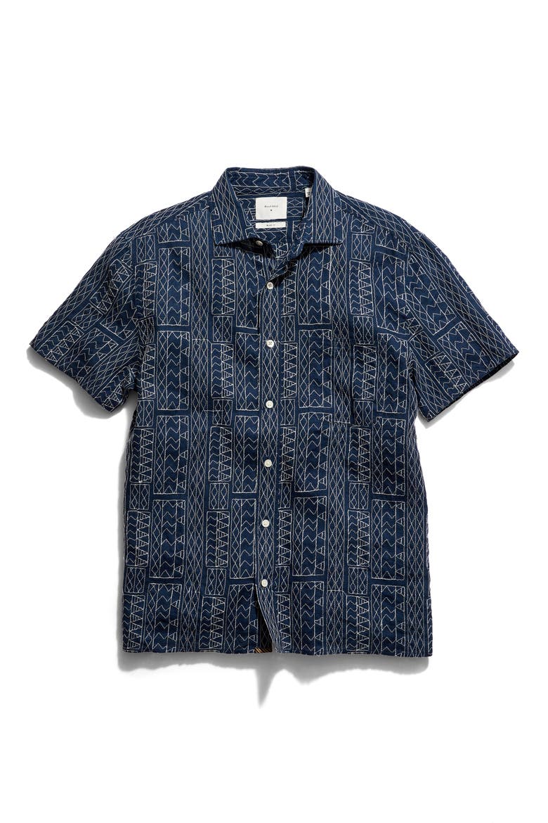 Geo Stitch Short Sleeve Linen Sport Shirt, Alternate, color, BLUE