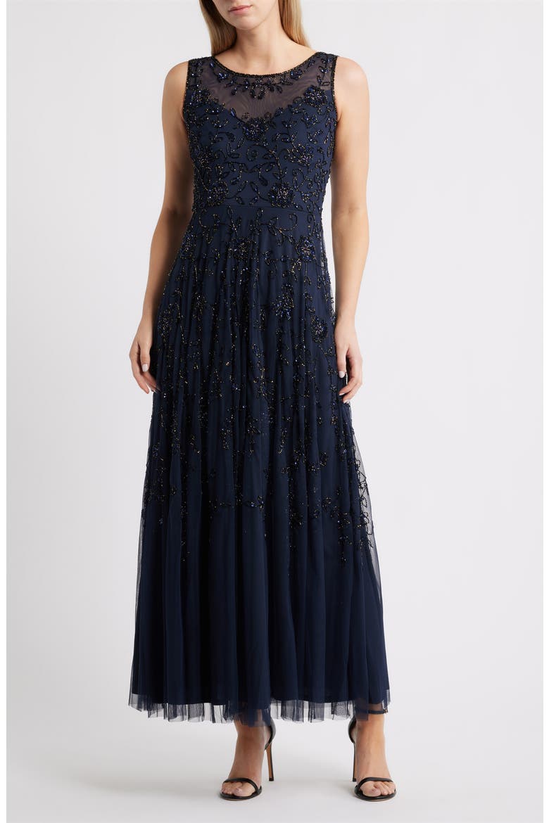 Beaded Mesh Gown with Jacket, Alternate, color, NAVY