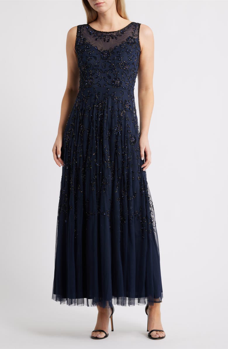 Pisarro Nights Beaded Mesh Gown with Jacket, Alternate, color, Navy