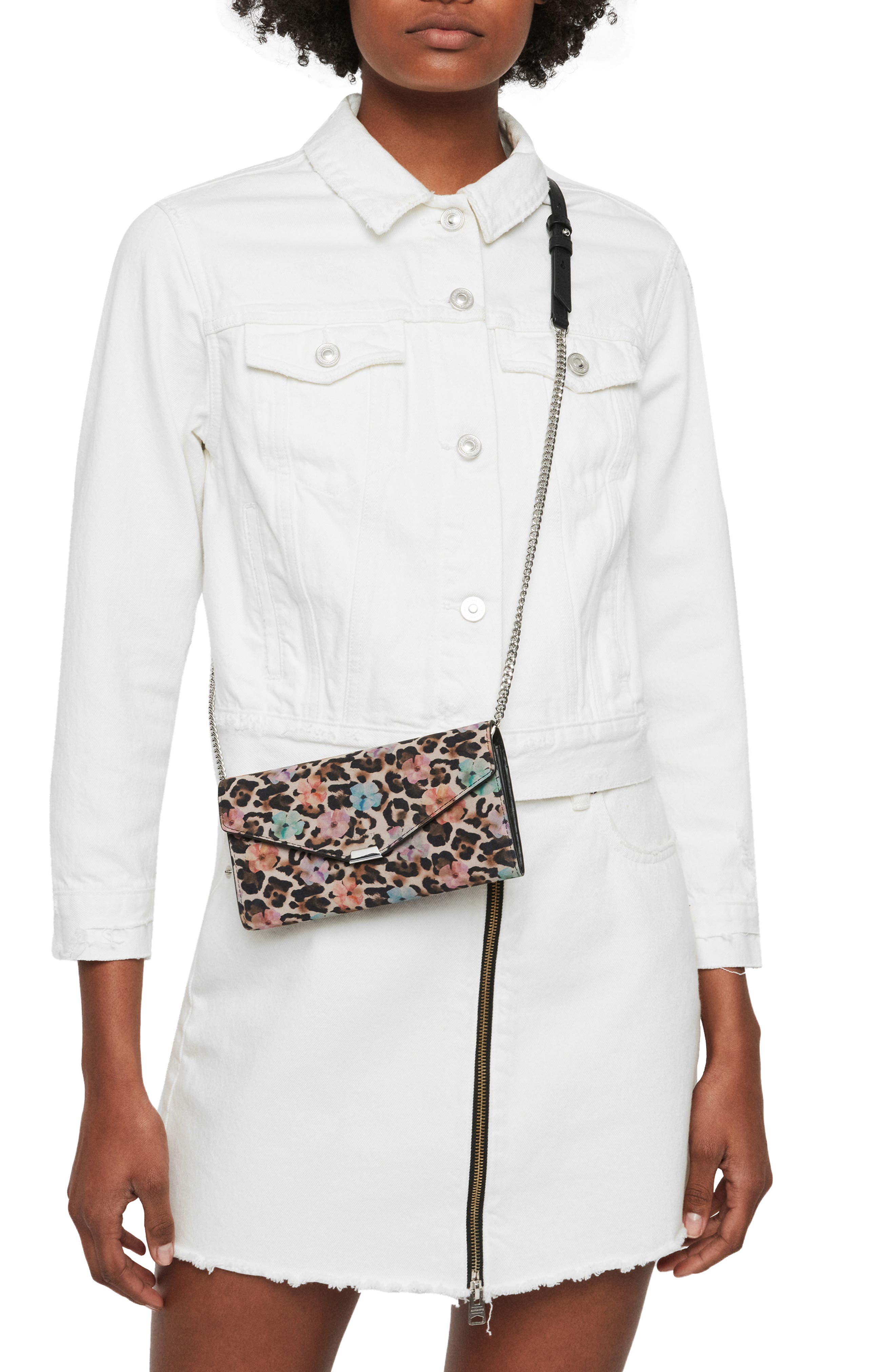 Kepi Calfskin Suede Wallet on a Chain, Alternate, color, FLOWER LEOPARD