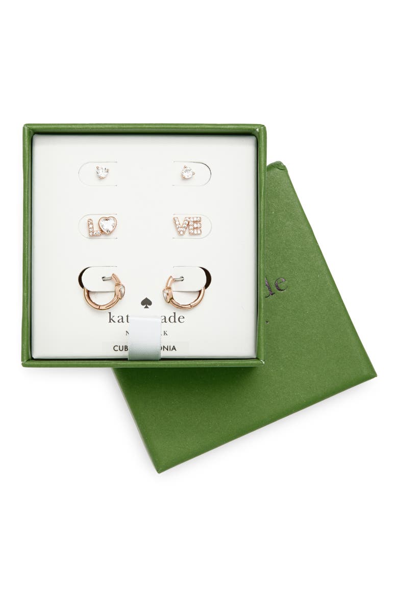 spell it out 3-pack studs and huggie hoop earrings, Main, color, CLEAR/ROSE GOLD