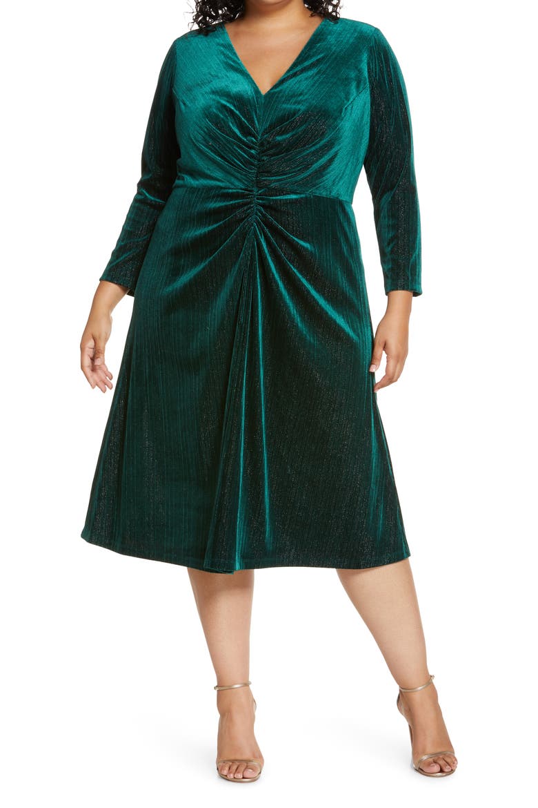 Ruched Long Sleeve Velvet Midi Dress, Main, color, GREEN