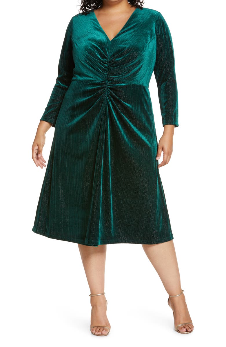 Maggy London Ruched Long Sleeve Velvet Midi Dress, Main, color,