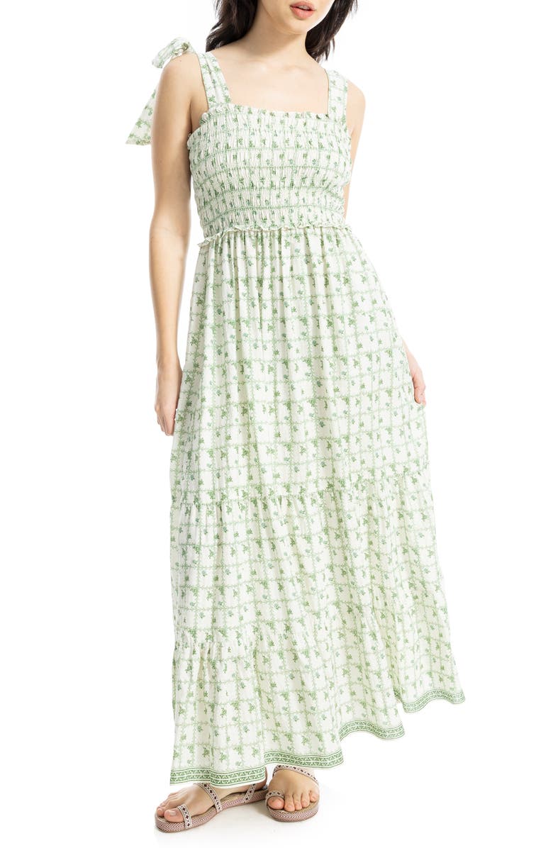 MAX STUDIO Tie Strap Smocked Tiered Sundress, Main, color, White/ Green Leafy Scallop