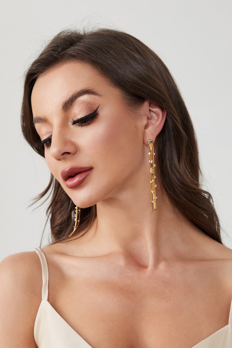 Tassel Zirconia Earrings, Alternate, color, Gold