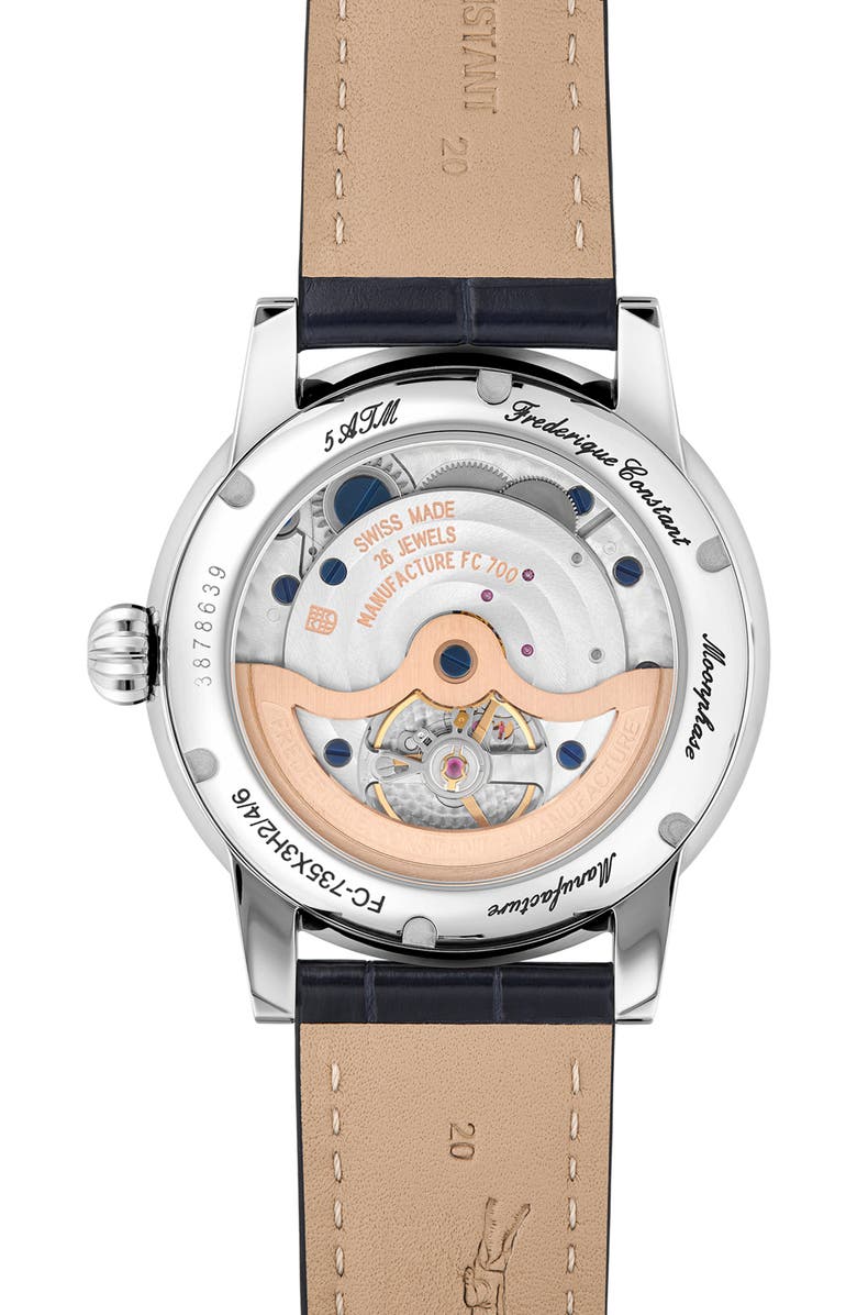 FREDERIQUE CONSTANT Classic Manufacture Blue Power Reserve Big Date Automatic Leather Strap Watch, 40mm, Alternate, color, Silver-Tone