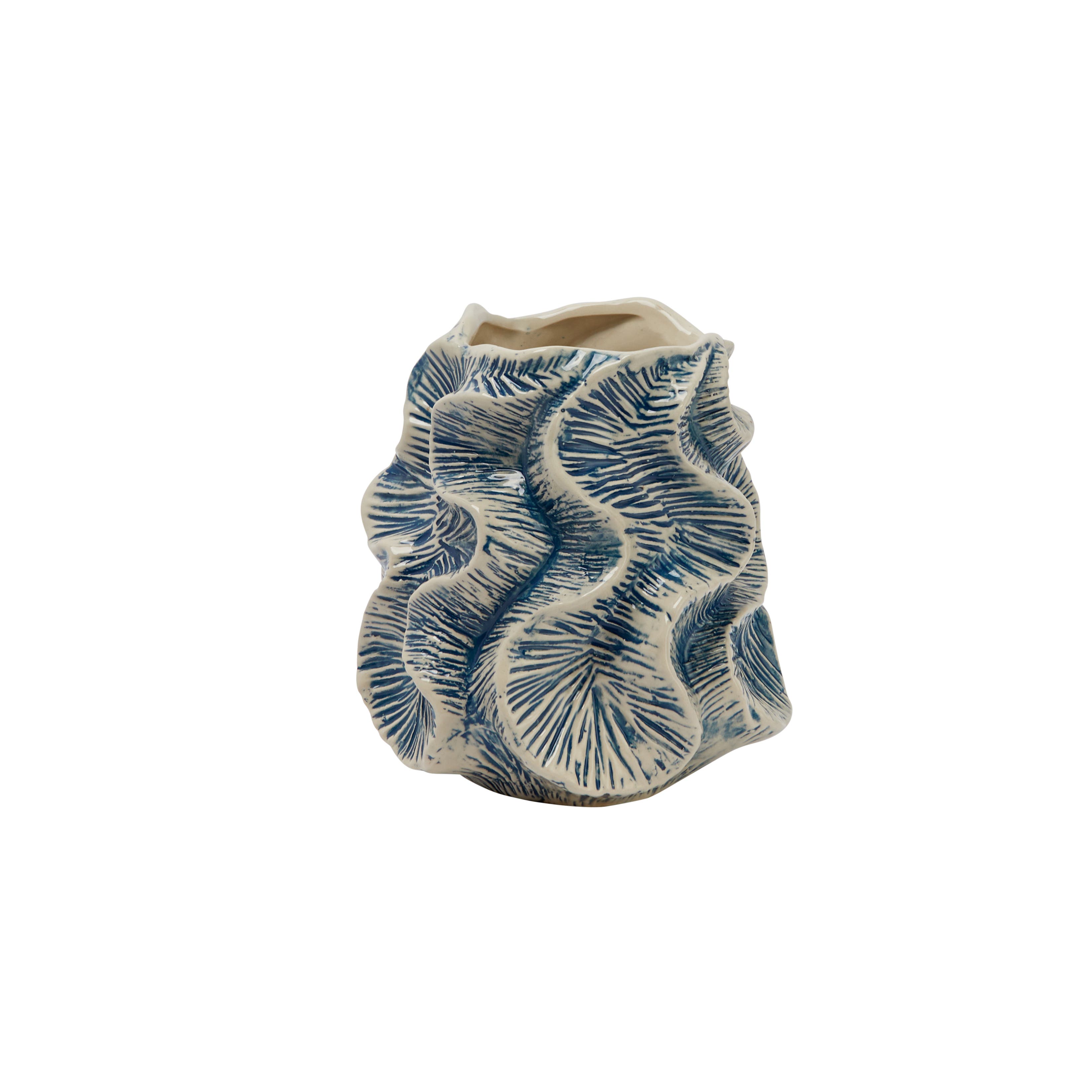 Storied Home Organic Shaped Stoneware Vase With Wavy Pattern Exterior, Blue And Ivory