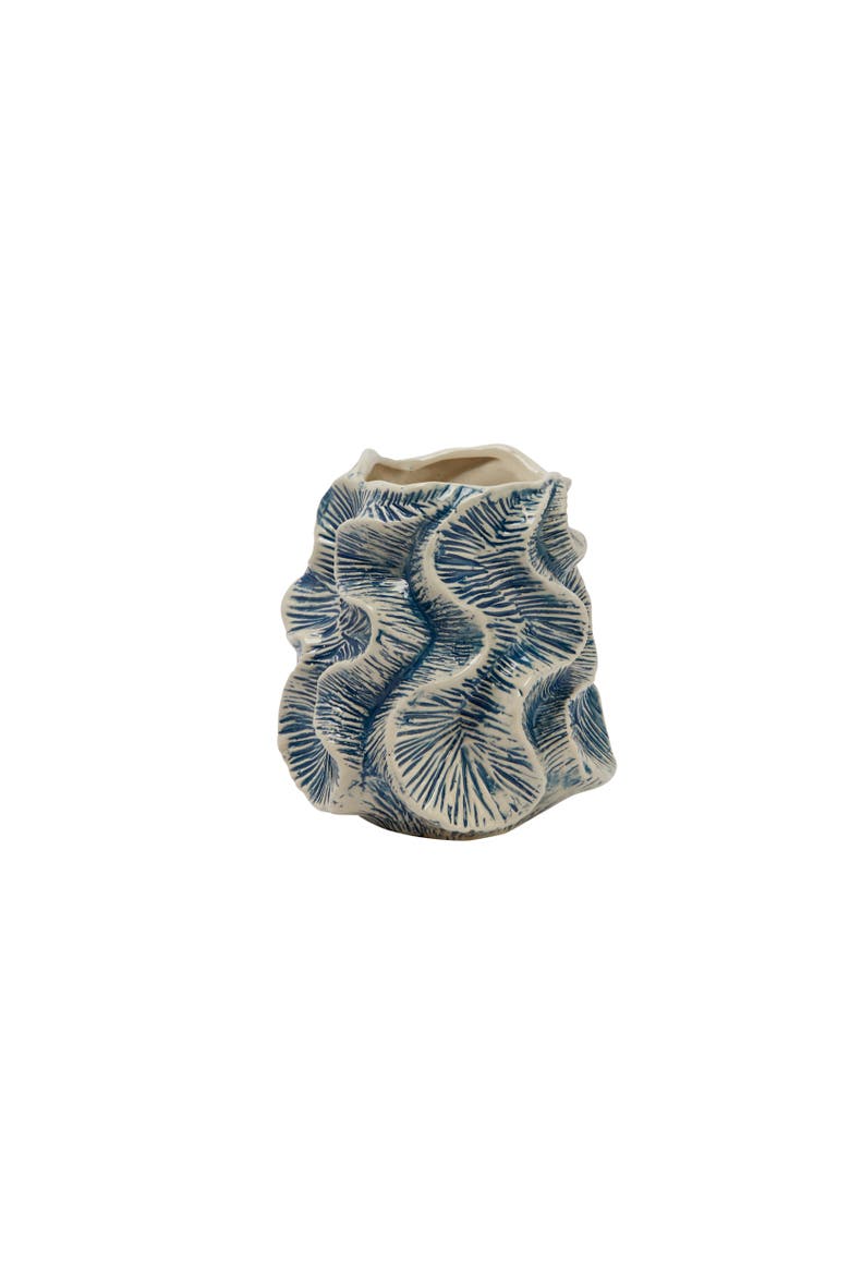 Organic Shaped Stoneware Vase with Wavy Pattern Exterior, Blue and Ivory, Main, color, Blue