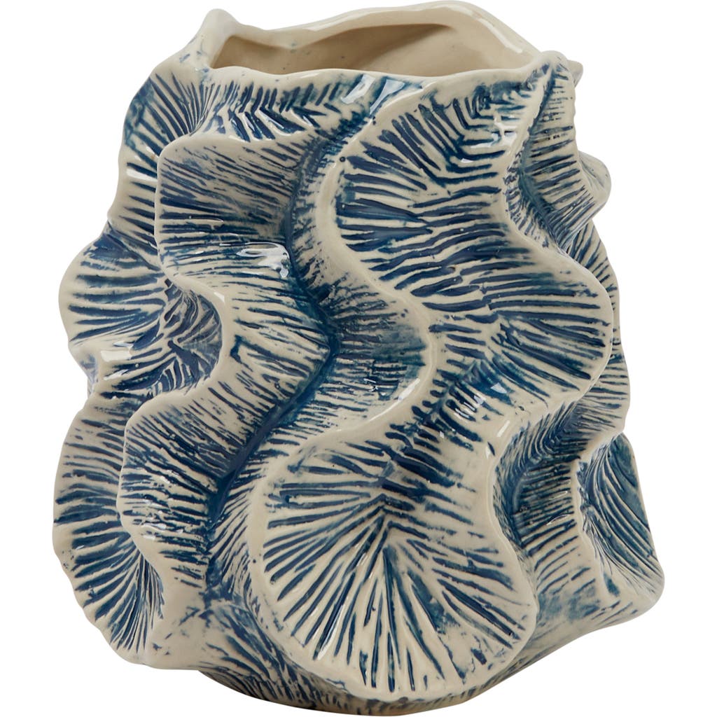 Storied Home Organic Shaped Stoneware Vase With Wavy Pattern Exterior, Blue And Ivory