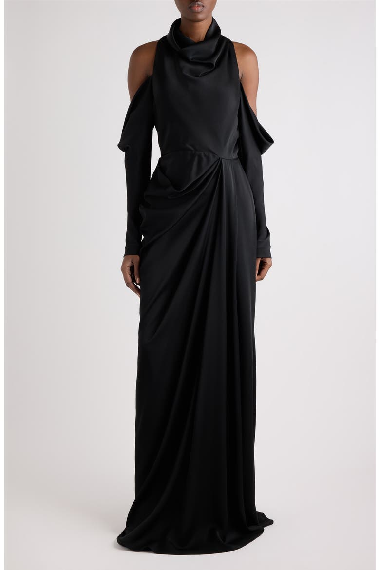 Draped Cold Shoulder Column Gown, Main, color, BLACK