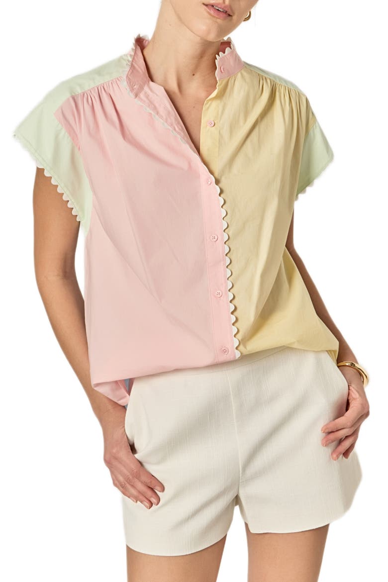 Colorblock Short Sleeve Button-Up Shirt, Main, color, PINK MULTI