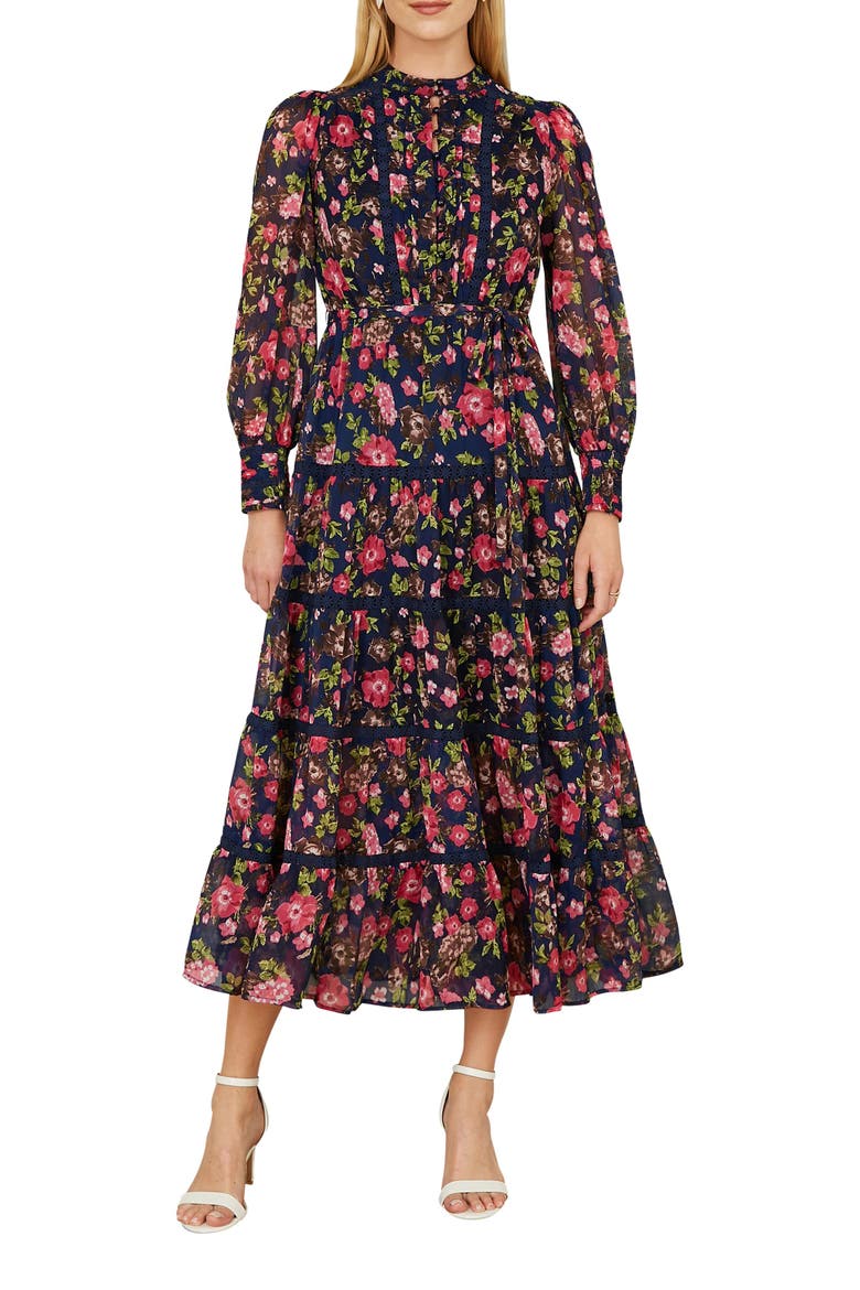 Blossom Print Lace Trim Maxi Dress, Alternate, color, Navy