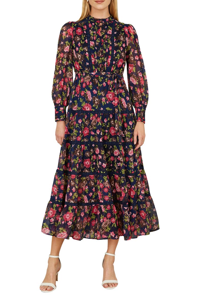 Yumi Blossom Print Lace Trim Maxi Dress, Alternate, color, Navy