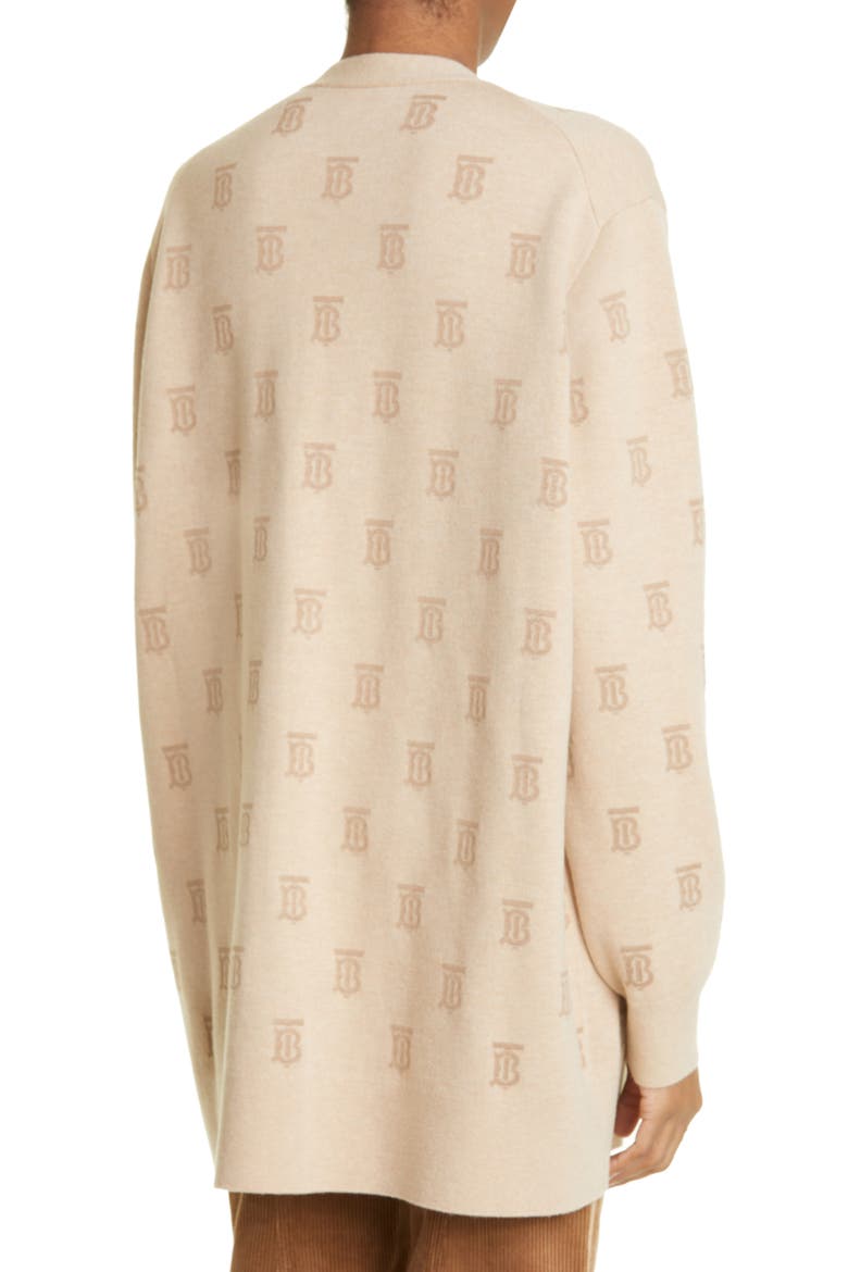 Women's Salena TB Logo Jacquard Wool & Silk Blend Cardigan, Alternate, color, LIGHT BEIGE MELANGE