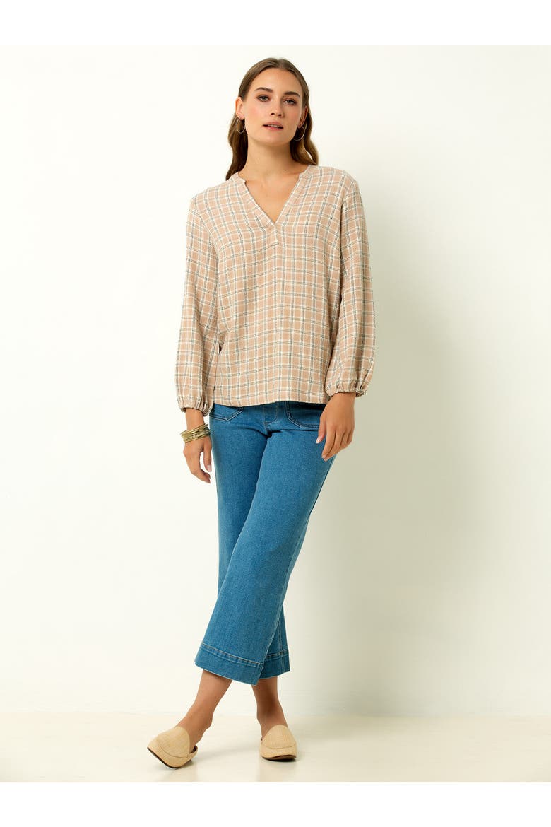 V-Neck Plaid Peasant Top, Alternate, color, Navy Plaid