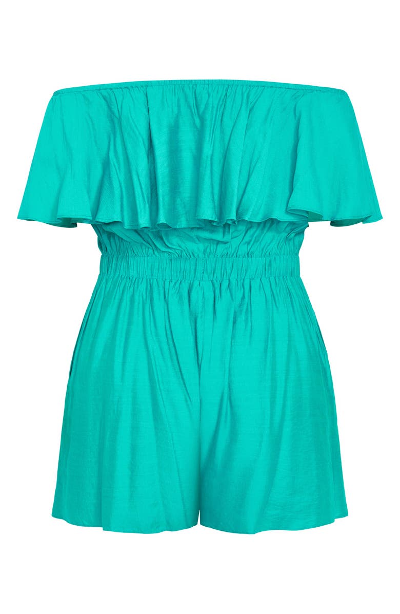 City Chic Serene Ruffl Off-the-Shoulder Romper, Alternate, color, Aqua