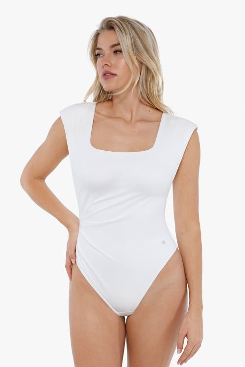 Popilush Shapewear Square Neck Padded Shoulder Slimming Bodysuit In Pearl White
